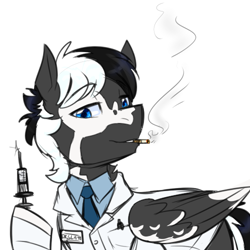 Size: 500x500 | Tagged: safe, artist:jitterbugjive, oc, oc:slate, species:pegasus, species:pony, blue eyes, clothing, doctor, lab coat, pinto, smoking, solo, syringe, two toned mane, two toned wings