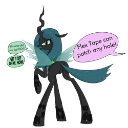 Size: 3000x3000 | Tagged: safe, artist:moonatik, character:queen chrysalis, species:changeling, angry, bugbutt, butt, changeling queen, cheeselegs, dialogue, featureless crotch, female, flex tape, implied starlight glimmer, plot, queen chrysalis is not amused, raised tail, simple background, solo, tail, tail aside, transparent background, unamused, underhoof