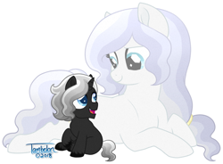 Size: 900x661 | Tagged: safe, artist:tambelon, oc, oc only, oc:moonstone, oc:somber night, parent:king sombra, parent:oc:opalescent pearl, parent:oc:prince topaz, species:pony, species:unicorn, brother and sister, colt, digital art, duo, female, ghost, looking at each other, male, mare, next generation, offspring, open mouth, prone, signature, sitting, smiling, white background