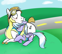Size: 738x644 | Tagged: safe, artist:jessy, character:bulk biceps, character:cloudchaser, species:pegasus, species:pony, blushing, bulkabetes, cloudrage, cute, cutechaser, eyes closed, female, goggles, male, mare, road, roid rage, shipping, smiling, snuggling, stallion, straight