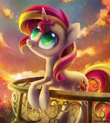 Size: 983x1095 | Tagged: safe, artist:dawnfire, character:sunset shimmer, species:pony, species:unicorn, afternoon, balcony, bipedal, colored pupils, cute, cutie mark, female, horn, looking up, shimmerbetes, smiling, solo, stray strand, sunset, sunset shimmer day, sunshine shimmer