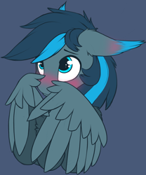 Size: 2000x2409 | Tagged: safe, artist:phenya, oc, oc only, oc:rosy firefly, species:pegasus, species:pony, blue background, blue eyes, blushing, chest fluff, cute, ear blush, ear fluff, floppy ears, male, shy, simple background, solo, stallion, sticker, wings