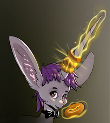 Size: 1740x1940 | Tagged: safe, artist:xbi, oc, oc only, oc:lapush buns, species:pony, species:unicorn, bow tie, bunny ears, bunnycorn, bust, donut, food, glowing horn, horn grab, impossibly large ears, impossibly large horn, looking at you, magic, male, portrait, solo, stallion, telekinesis, the uses of unicorn horns