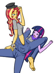Size: 2465x3278 | Tagged: safe, alternate version, artist:artemis-polara, character:sunset shimmer, character:twilight sparkle, ship:sunsetsparkle, my little pony:equestria girls, bandana, barefoot, censored, clothing, commission, conductor, engineer, feet, female, hat, lesbian, open mouth, overalls, remote, restrained, shipping, shirt, simple background, sitting, sitting on person, smiling, soles, train conductor, transparent background