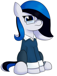 Size: 1032x1384 | Tagged: safe, artist:moonatik, oc, oc only, species:pony, nation ponies, clothing, deadpan, estonia, eyelashes, female, frown, glasses, hair over one eye, jeans, looking at you, mare, pants, ponified, shirt, simple background, sitting, solo, sweater, transparent background