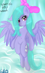 Size: 2000x3200 | Tagged: safe, artist:freefraq, character:flitter, species:pegasus, species:pony, g4, angry, belly button, cutie mark, dialogue, female, ribbon, solo, spread wings, wings