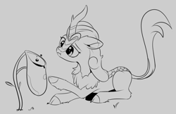 Size: 1284x834 | Tagged: safe, artist:dusthiel, character:autumn blaze, species:kirin, inktober, episode:sounds of silence, g4, my little pony: friendship is magic, carnivorous plant, cloven hooves, female, gray background, grayscale, ink drawing, monochrome, pitcher plant, raised hoof, simple background, sketch, solo, traditional art