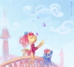 Size: 3161x2874 | Tagged: safe, artist:holivi, character:fluttershy, character:rainbow dash, species:pegasus, species:pony, balcony, butterfly, clothing, duo, duo female, female, high res, mare, sweater, sweatershy