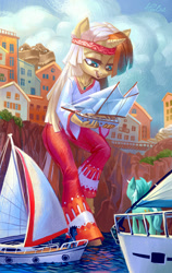 Size: 1417x2244 | Tagged: safe, artist:holivi, character:lyra heartstrings, oc, oc:golden age, species:anthro, species:plantigrade anthro, species:pony, species:unicorn, boat, city, clothing, commission, female, giantess, macro, ocean, signature, smiling, solo focus, water