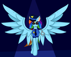 Size: 4677x3787 | Tagged: safe, alternate version, artist:cuddlelamb, character:rainbow dash, blushing, ear fluff, hand cuffs, looking at you, neck fluff, police hat, police officer, spread wings, tongue out, wings