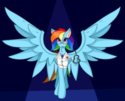 Size: 4677x3787 | Tagged: safe, alternate version, artist:cuddlelamb, character:rainbow dash, blushing, doctor, ear fluff, looking at you, neck fluff, spread wings, stethoscope, tongue out, wings
