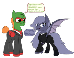 Size: 2548x2000 | Tagged: safe, artist:moonatik, oc, oc only, oc:moonatik, oc:selenite, species:bat pony, species:pegasus, species:pony, 4chan, armband, belt, boots, clothing, costume, crescent moon, dialogue, ear tufts, fangs, female, frown, glare, greentext, lidded eyes, long hair, long mane, looking at someone, looking at you, male, mare, mask, medal, military uniform, moon, necktie, nightmare night costume, open mouth, ponytail, question mark, raised hoof, reeee, shoes, simple background, smiling, smirk, speech bubble, spread wings, stallion, suit, tail bun, talking, text, thought bubble, transparent background, uniform, wings