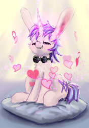 Size: 773x1105 | Tagged: safe, artist:xbi, oc, oc:lapush buns, species:pony, species:unicorn, bow tie, bunnycorn, heart, heart eyes, looking at you, male, pillow, sitting, sitting on pillow, stallion, wingding eyes