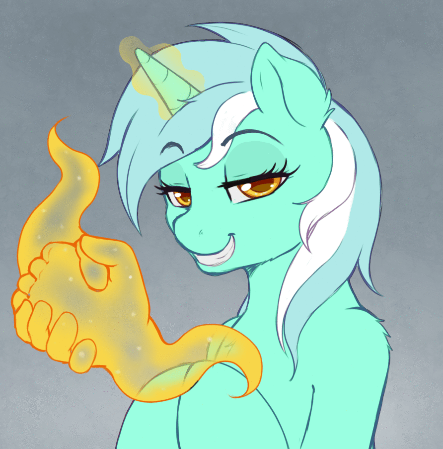 Size: 892x903 | Tagged: safe, artist:evomanaphy, character:lyra heartstrings, species:human, species:pony, species:unicorn, animated, chest fluff, eyebrow wiggle, female, gif, glowing horn, hand, hooves together, horn, lidded eyes, looking at you, magic, magic hands, mare, smiling, solo