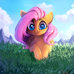 Size: 3200x3200 | Tagged: safe, artist:miokomata, character:fluttershy, species:pegasus, species:pony, cute, cute little fangs, fangs, female, folded wings, freckles, freckleshy, grass, looking at you, mare, prone, sexy, shyabetes, smiling, solo, wings, wolf teeth, wrong eye color