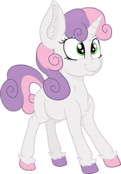 Size: 1019x1458 | Tagged: safe, artist:paskanaakka, derpibooru original, character:sweetie belle, species:pony, species:unicorn, blank flank, chest fluff, colored hooves, ear fluff, female, filly, simple background, smiling, solo, transparent background, unshorn fetlocks