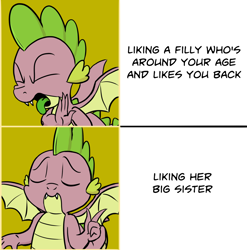 Size: 1350x1365 | Tagged: safe, artist:pony-berserker, character:spike, species:dragon, episode:molt down, g4, my little pony: friendship is magic, comic, drake, eyes closed, hotline bling, implied shipping, implied sparity, implied straight, implied sweetie belle, male, meme, pun, solo, visual gag, winged spike