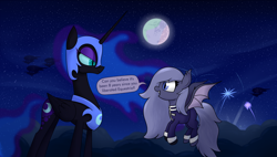 Size: 3000x1698 | Tagged: safe, artist:moonatik, character:nightmare moon, character:princess luna, oc, oc:selenite, species:alicorn, species:bat pony, species:pony, airship, alternate timeline, bat pony oc, celebration, clothing, cloud, cute, cute little fangs, dialogue, fangs, fireworks, happy, happy birthday mlp:fim, helmet, implied pinkie pie, implied princess celestia, looking at each other, mare in the moon, mlp fim's eighth anniversary, moon, night, nightmare takeover timeline, open mouth, orion (constellation), outdoors, stars, uniform, wings