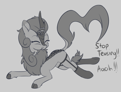 Size: 1134x858 | Tagged: safe, artist:dusthiel, character:autumn blaze, species:kirin, species:pony, inktober, episode:sounds of silence, g4, my little pony: friendship is magic, awwtumn blaze, clothing, cloven hooves, cute, eyes closed, female, garter belt, garters, grayscale, mare, monochrome, offscreen character, quadrupedal, solo, stockings, teasing, thigh highs, tongue out