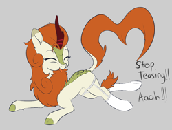 Size: 1134x858 | Tagged: safe, artist:dusthiel, artist:icey-wicey-1517, edit, character:autumn blaze, species:kirin, species:pony, awwtumn blaze, clothing, cloven hooves, color edit, colored, cute, eyes closed, female, garter belt, garters, mare, offscreen character, quadrupedal, solo, stockings, thigh highs, tongue out