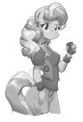 Size: 1000x1464 | Tagged: safe, artist:flutterthrash, character:diamond tiara, species:anthro, species:pony, alcohol, beer, clothing, cutie mark crusaders patch, female, looking at you, mare, monochrome, older, older diamond tiara, simple background, sketch, solo