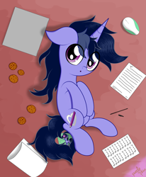 Size: 3297x4000 | Tagged: safe, artist:kimjoman, oc, oc only, oc:purple flix, species:pony, species:unicorn, computer, computer mouse, cookie, cute, food, laptop computer, looking at you, lying down, male, paper, solo, text, wew