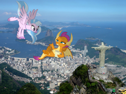 Size: 1200x900 | Tagged: safe, artist:frownfactory, artist:shutterflyeqd, artist:somerandomminion, character:silverstream, character:smolder, species:classical hippogriff, species:dragon, species:hippogriff, brazil, cristo redentor, female, giantess, handstand, irl, lying down, macro, notepad, photo, photomanipulation, photoshop, ponies in real life, rio de janeiro, story included, vector