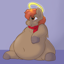 Size: 2500x2500 | Tagged: safe, artist:lupin quill, oc, oc:winterlight, belly, belly button, bhm, big belly, chubby, clothing, cute, fat, flabby chest, halo, puppy dog eyes, scarf, simple background, solo, stuffed, unshorn fetlocks
