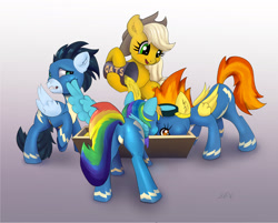 Size: 1814x1456 | Tagged: safe, artist:xbi, character:applejack, character:rainbow dash, character:soarin', character:spitfire, species:earth pony, species:pegasus, species:pony, clothing, feeding, food, horses doing horse things, oats, plot, tabun art-battle finished after, uniform, wat, wonderbolts uniform