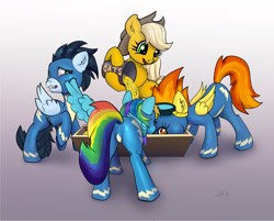 Size: 1814x1456 | Tagged: safe, alternate version, artist:xbi, character:applejack, character:rainbow dash, character:soarin', character:spitfire, species:earth pony, species:pegasus, species:pony, clothing, feeding, food, horses doing horse things, oats, plot, tabun art-battle finished after, uniform, wonderbolts uniform