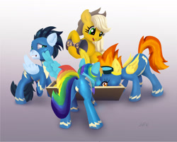 Size: 1814x1456 | Tagged: safe, alternate version, artist:xbi, character:applejack, character:rainbow dash, character:soarin', character:spitfire, species:earth pony, species:pegasus, species:pony, clothing, feeding, food, horses doing horse things, lineless, oats, plot, rainbow douche, tabun art-battle finished after, uniform, wonderbolts uniform