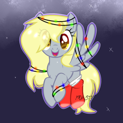 Size: 1200x1200 | Tagged: safe, artist:lazuli, character:derpy hooves, species:pegasus, species:pony, :d, alternate hairstyle, christmas, christmas lights, christmas stocking, clothing, eye clipping through hair, eyelashes, female, flying, hair over one eye, holiday, looking at you, smiling, socks, solo, tangled up