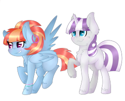 Size: 2480x2000 | Tagged: safe, artist:lazuli, character:twilight velvet, character:windy whistles, species:pegasus, species:pony, species:unicorn, cheek fluff, chest fluff, colored pupils, duo, ear fluff, ear piercing, earring, female, fluffy, jewelry, leg fluff, mare, mother, piercing, raised hoof, shoulder fluff, simple background, spread wings, transparent background, unshorn fetlocks, wings