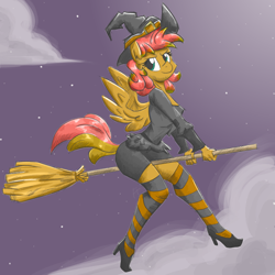 Size: 1200x1200 | Tagged: safe, artist:flutterthrash, oc, oc only, oc:aurie startrail, species:anthro, species:pegasus, species:pony, anthro oc, broom, clothing, female, flying, flying broomstick, halloween, hat, high heels, holiday, shoes, smiling, socks, solo, stockings, striped socks, striped stockings, thigh highs, witch, witch hat