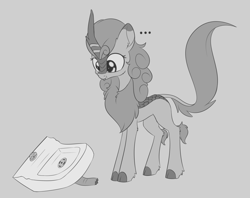 Size: 1964x1556 | Tagged: safe, artist:dusthiel, character:autumn blaze, species:kirin, episode:sounds of silence, g4, my little pony: friendship is magic, ..., :t, blep, chest fluff, cloven hooves, ear fluff, female, gray background, grayscale, hoof fluff, kitchen sink, leg fluff, leonine tail, looking at something, looking down, monochrome, quadrupedal, silly, simple background, sink, smiling, solo, tongue out
