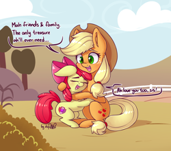 Size: 2162x1906 | Tagged: safe, artist:dsp2003, character:apple bloom, character:applejack, species:earth pony, species:pony, 30 minute art challenge, accent, adorabloom, blushing, clothing, cloud, comic, cowboy hat, cute, cutie mark, dawwww, day, dialogue, dsp2003 is trying to murder us, duo, duo female, ear fluff, eyes closed, female, filly, floppy ears, foal, hat, hooves, hug, jackabetes, mare, open mouth, signature, single panel, sisterly love, sisters, speech bubble, sweet apple acres, teeth, tree, wholesome