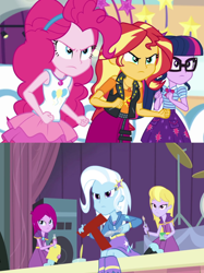 Size: 1660x2216 | Tagged: safe, artist:themexicanpunisher, character:fuchsia blush, character:lavender lace, character:pinkie pie, character:sunset shimmer, character:trixie, character:twilight sparkle, character:twilight sparkle (scitwi), species:eqg human, equestria girls:rainbow rocks, equestria girls:rollercoaster of friendship, g4, my little pony: equestria girls, my little pony:equestria girls, female, geode of empathy, geode of sugar bombs, geode of telekinesis, magical geodes, trixie and the illusions, versus