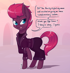 Size: 1798x1872 | Tagged: safe, artist:dsp2003, character:fizzlepop berrytwist, character:tempest shadow, species:pony, species:unicorn, 30 minute art challenge, alternate hairstyle, blushing, broken horn, clothing, comic, cute, dialogue, female, horn, jacket, mare, open mouth, pants, pompadour, signature, single panel, solo