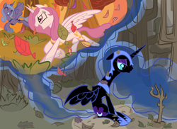 Size: 2338x1700 | Tagged: safe, artist:tess, character:nightmare moon, character:princess celestia, character:princess luna, bad end, feels, forest, lonely, memory, pink-mane celestia, race, running of the leaves, sad, tree, younger