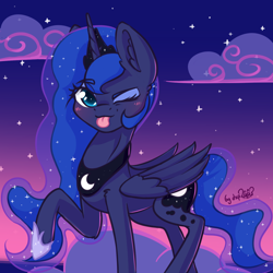 Size: 1280x1280 | Tagged: safe, artist:dsp2003, character:princess luna, species:alicorn, species:pony, 30 minute art challenge, blep, blushing, cloud, cute, female, hnnng, looking at you, lunabetes, mare, night, one eye closed, raised hoof, signature, silluna, silly, tongue out, wink