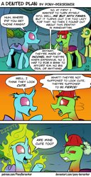 Size: 975x1911 | Tagged: safe, artist:pony-berserker, oc, oc:berzie, oc:dopple, species:changeling, species:reformed changeling, comic:a dented plan, 2018, amazed, angry, asking, background changeling, background character, bush, cave, comic, curious, cute, cute little fangs, dentist, dialogue, digital art, duo focus, fangs, glow, gritted teeth, happy, impressed, inconel, magic, magic glow, male, onomatopoeia, open mouth, pointing, raised hoof, raised leg, robbery, showing, side view, smiling, speech bubble, standing, steam, superalloy, talking, teeth, text, this is going to hurt, tooth, transformation, trio, unnamed character, vine