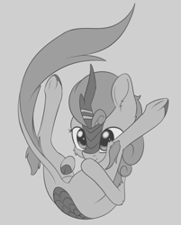 Size: 760x947 | Tagged: safe, artist:dusthiel, character:autumn blaze, species:kirin, episode:sounds of silence, g4, my little pony: friendship is magic, cute, female, flexible, frontbend, gray background, grayscale, monochrome, quadrupedal, simple background, smiling, solo, stretching