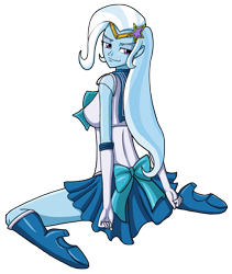 Size: 2530x3000 | Tagged: safe, artist:artemis-polara, character:trixie, my little pony:equestria girls, beautiful, boots, clothing, costume, female, high heel boots, jewelry, pleated skirt, ribbon, sailor moon, sailor scout, shoes, simple background, sitting, skirt, smiling, solo, tiara, transparent background