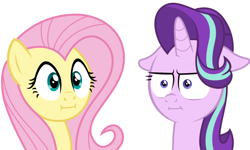 Size: 1000x600 | Tagged: safe, artist:cheezedoodle96, artist:the smiling pony, edit, editor:awkward segway, character:fluttershy, character:starlight glimmer, species:pegasus, species:pony, species:unicorn, episode:make new friends but keep discord, episode:marks for effort, g4, my little pony: friendship is magic, :i, duo, duo female, faec, female, i mean i see, mare, simple background, staring contest, we bought two cakes