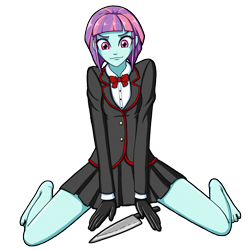 Size: 3000x3000 | Tagged: safe, artist:artemis-polara, character:sunny flare, my little pony:equestria girls, barefoot, bow tie, clothing, cosplay, costume, feet, female, gloves, knife, legs, miniskirt, nemesis-chan, pleated skirt, schoolgirl, simple background, skirt, smiling, solo, transparent background, yandere simulator