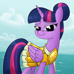 Size: 2119x2119 | Tagged: safe, artist:moonatik, character:twilight sparkle, character:twilight sparkle (alicorn), species:alicorn, species:pony, 30 minute art challenge, armor, armor skirt, athena sparkle, clothing, cloud, costume, cute, female, hair bun, high res, horn, missing accessory, ocean, skirt, sky, solo, wings