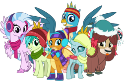 Size: 6000x4000 | Tagged: safe, artist:cheezedoodle96, character:gallus, character:ocellus, character:sandbar, character:silverstream, character:smolder, character:yona, species:changeling, species:classical hippogriff, species:dragon, species:earth pony, species:griffon, species:hippogriff, species:pony, species:reformed changeling, species:yak, episode:best gift ever, g4, my little pony: friendship is magic, .svg available, absurd resolution, blep, boots, bunny ears (gesture), clothing, cloven hooves, crossed arms, crossed legs, cute, cuteling, diaocelles, diastreamies, earmuffs, excited, female, gallabetes, gasp, gloves, group, group photo, happy, hat, looking at you, male, mittens, monkey swings, open mouth, peace sign, pose, sandabetes, scarf, shoes, shy, silly, simple background, smiling, smolderbetes, spread wings, student six, svg, teenager, tongue out, transparent background, vector, wings, winter outfit, yonadorable