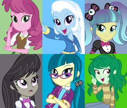 Size: 1252x1064 | Tagged: safe, artist:themexicanpunisher, character:cheerilee, character:juniper montage, character:octavia melody, character:trixie, character:wallflower blush, my little pony:equestria girls, alternate mane six, alternate universe, female, glasses, pigtails, pixel pizazz, sextet, the windy six, twintails