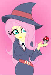 Size: 600x894 | Tagged: safe, artist:cbear624, character:fluttershy, species:human, my little pony:equestria girls, anime, clothing, commission, cosplay, costume, deviantart, female, hat, little witch academia, mushroom, solo, sucy manbavaran, witch, witch hat