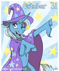 Size: 900x1081 | Tagged: safe, artist:inuhoshi-to-darkpen, character:trixie, species:pony, species:unicorn, cape, clothing, female, hat, mare, one eye closed, trixie day, trixie's cape, trixie's hat, unshorn fetlocks, wink